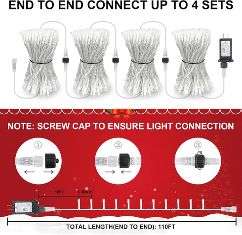 100FT 300 8 LED Christmas Lights Plug in,Outdoor Indoor Waterproof Fairy Lights with Timer and Modes, Connectable