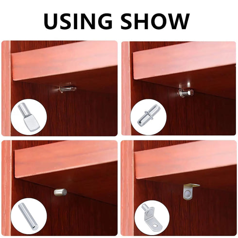 JIMROLA 120Pcs Kit,4 Closet Cabinet5mm (1/4 inch) Shelf Pins Styles Nickel Plated Shelf Support Pegs,Plated Shelf Pins