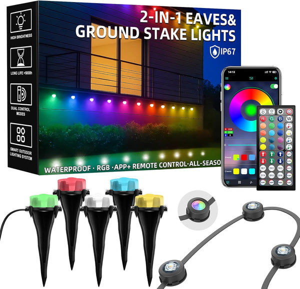 100 FT Permanent Outdoor Lights, Waterproof 2-in-1 Eaves & Ground Stakes LED