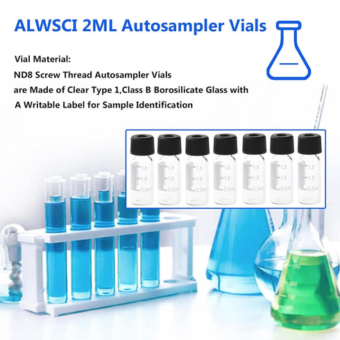 ALWSCI 2ml 8mm HPLC Vial, Clear Autosampler Vial with Graduation, 100 Pack, Black Screw Cap with Hole