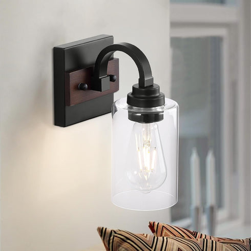 1-Light Mecgirn Black Wall Sconces, Farmhouse Vanity Light Fixtures for Bathroom, Wood Wall Lighting with Clear Glass