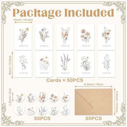 Harsever 50 Pack Floral Thank You Cards with Adhesive Envelopes,Gifts for Funeral Wedding Bridal Showers Baby Showers