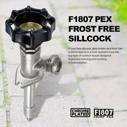 4 Inch 1/2" 3/4" Midline Valve Frost-Free Sillcock, Chrome-Plated Brass Body PEX Inlet x Hose Bib Outlet, Lead-Free