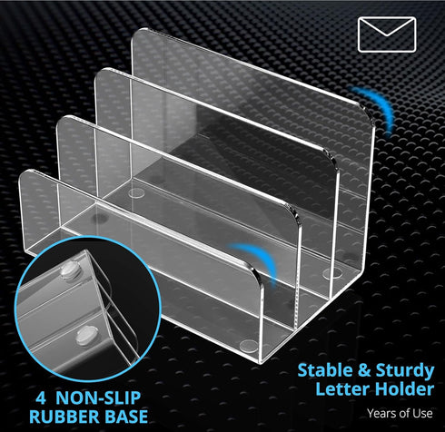 Mail Organizer Countertop, 3 Section Clear Acrylic Small File Holders for Desk, Modern Document Accessories