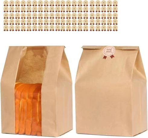 100pcs 13.7 8.3 3.5 Inch 120 Paper Bread Bags for Homemade Bread, Sourdough Bags with Window, x x Large Brown Kraft