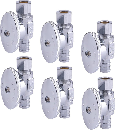1/2 in. Chrome-Plated Brass PEX Barb x 3/8 in. Compression Quarter-Turn Straight Stop Valve Jar (6-Pack)