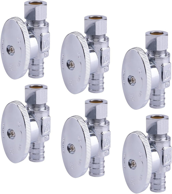 1/2 in. Chrome-Plated Brass PEX Barb x 3/8 in. Compression Quarter-Turn Straight Stop Valve Jar (6-Pack)