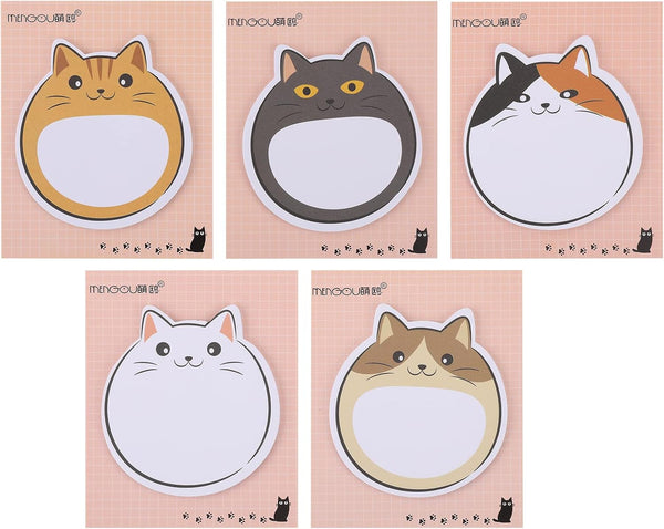Cobee Cute Cat Sticky Notes, 5 Pack Kawaii Animal Self-Stick Notes, Cartoon Cat Memo Pads, Cute Shapes for Students
