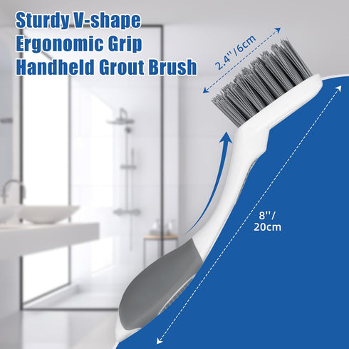 Qaestfy Grout Brush with Long Handle for Cleaning, Stiff Bristles Handheld Tile Scrub Brush, V-Shape Crevice Cleaning