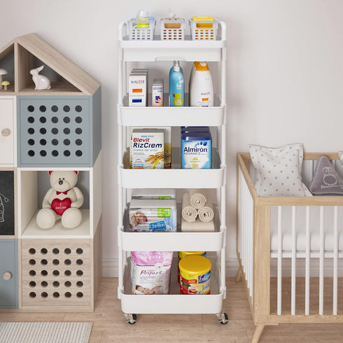 Calmootey 5-Tier Rolling Utility Cart with Drawer, Multifunctional Storage Organizer with Plastic Shelf & Metal Wheels,