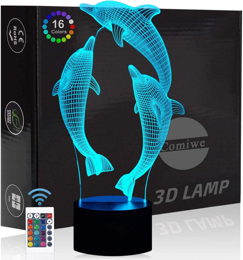 Comiwe Dolphin 3D Illusion Night Light Toys,16 Colors Change Smart Touch & Remote