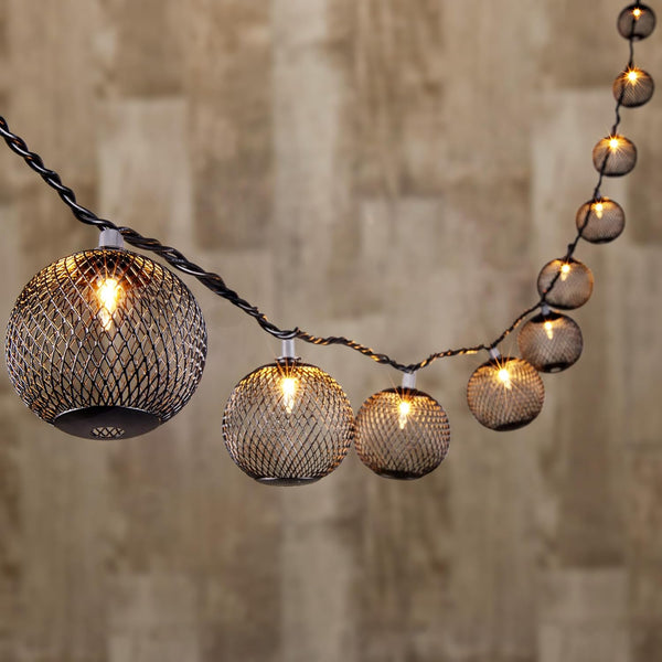 Decorative Lantern String Lights Plug in with 10 Black Metal Ball, Connectable