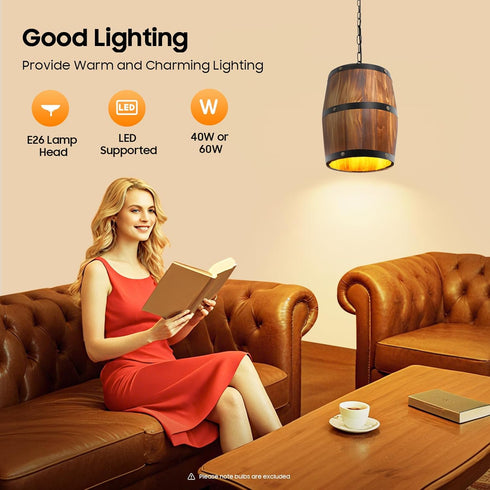 BJTDLLX Wood Lighting Fixtures, Whiskey Barrel Light Fixture Bar Lamps Retro Hanging Light Antique Wood Wine Barrel