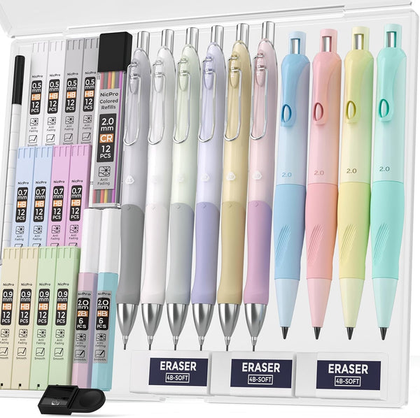 Nicpro 31PCS Pastel Mechanical Pencil Set in Case, Cute 0.5, 0.7, 0.9 mm & 2.0 mm Mechanical Pencils with 15 Tube Lead