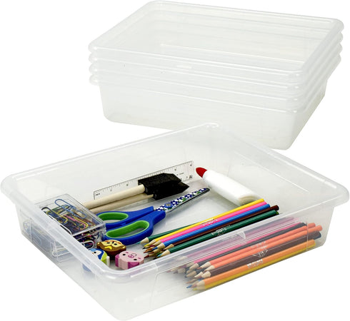 Storex Flat Storage Tray – Clear Organizer Bin for Classroom, Office, Home, 5-Pack (62531A05C), 10 x 13 x 3 Inches