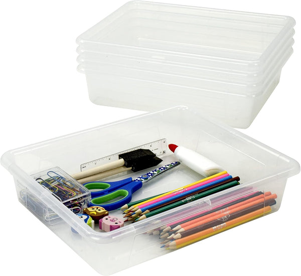 Storex Flat Storage Tray – Clear Organizer Bin for Classroom, Office, Home, 5-Pack (62531A05C), 10 x 13 x 3 Inches