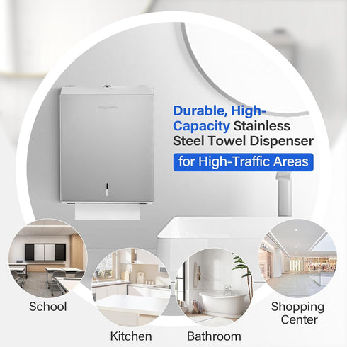 Commercial Paper Towel Dispenser Wall Mount, Stainless Steel Hand Towel Dispenser with Lock, Large Capacity C-Fold