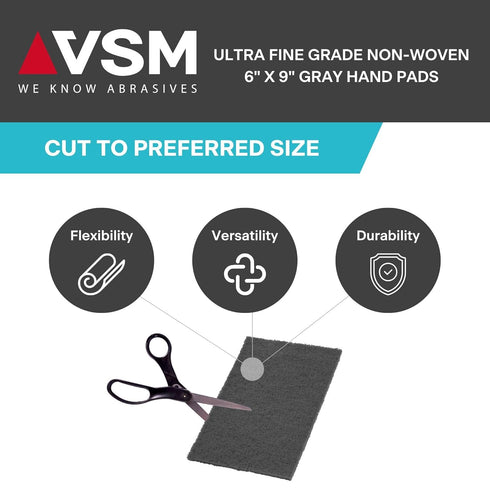 VSM 10-Pack 6" x 9" Ultra Fine Non-Woven Hand Pad, Silicon Carbide Grains, Multipurpose Abrasive Scrub Pad