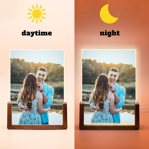 HETOOSHI 5X7inch) Walnut LED Night Light Photo Frame - Illuminated Acrylic Picture Frame with Glowing Wooden Base, USB
