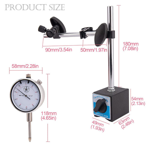 Dial Indicator with Magnetic Base Holder, Precision Inspection Set, 0-1.0" Tester Gage, 0.001" Precision Dial Test