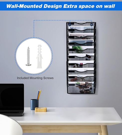 Wall File Holder, 10 Pockets Hanging Wall Organizer, Document and Mail Storage for Office, Black