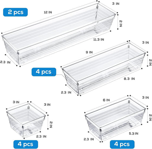 DCA 14 PCS Clear Plastic Drawer Organizer Tray, 4 Sizes for Makeup, Kitchen Utensils, Jewelry Storage