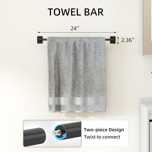 Set 4-Pieces, 24Inch Set Matte Black Bathroom Accessories Towel Racks for Bathroom Towel Bar, Towel Ring, Towel Hooks