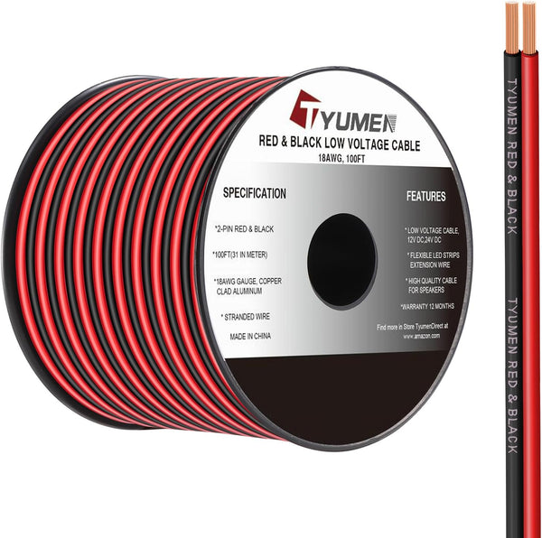 Tyumen 18 Gauge Wire 100FT, 18/2 AWG Red Black Hookup Electrical Wire LED