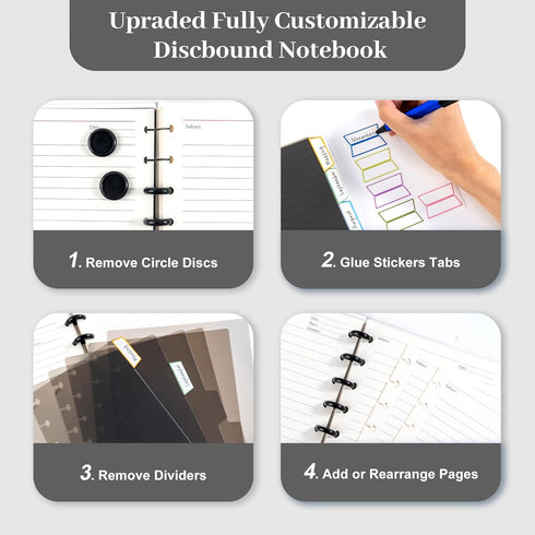 Discbound Notebook - Customizable Refillable 5 Subject Journal with 120 Wide Ruled Pages, 6 Binder Dividers & 16 Tabs,