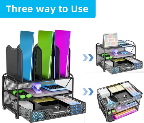 Simple Trending Mesh Desk File Organizer, Desktop Storage with Sliding Drawer, Double Tray, and 5 Upright Sections