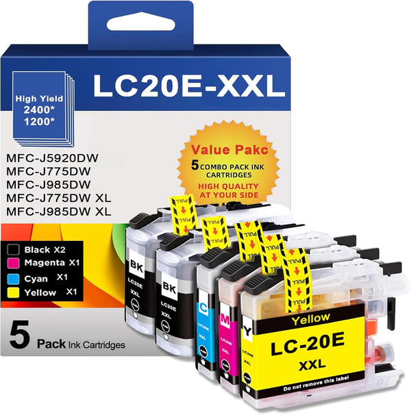 LC20E High Yield Ink Cartridges Replacement for Brother MFC Printers (2BK/C/M/Y, 5 Pack)