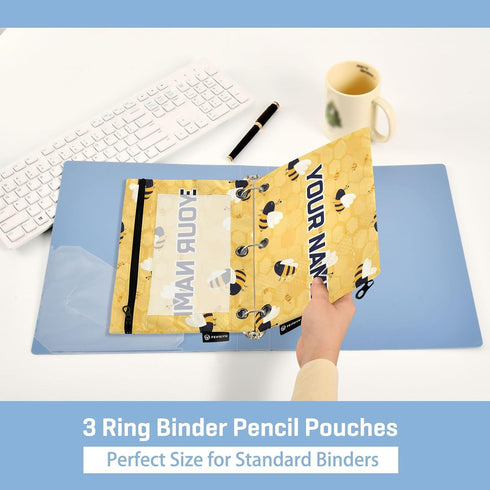 Gredecor 3 2 Pack Custom Binder Pencil Pouch Ring for School Office Yellow Bees Honey Honeycombs Personalized Zipper