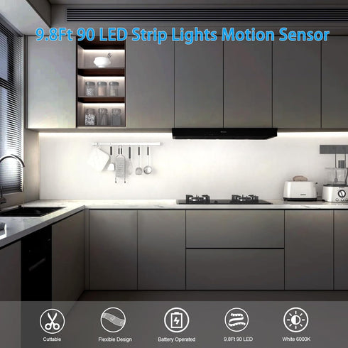 9.8Ft 90 Counter Closet echosari Battery Operated Motion Sensor Cabinet Strip Lights, LED Strip Light, Motion & Night