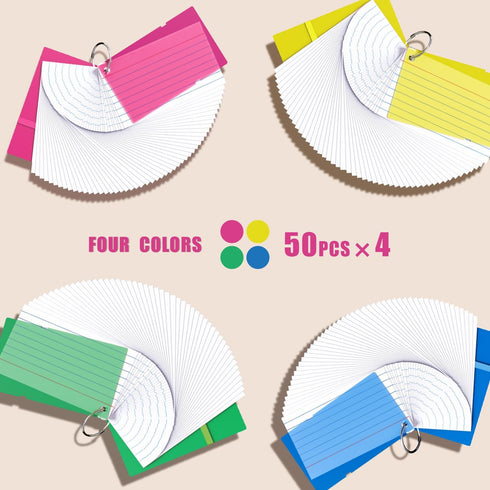 YIZUUN 3x5, 200 4 Packs 50 3x5 Index Cards Flash Cards with Ring, PCS, Ruled Note Cards, Flash Cards for Studying