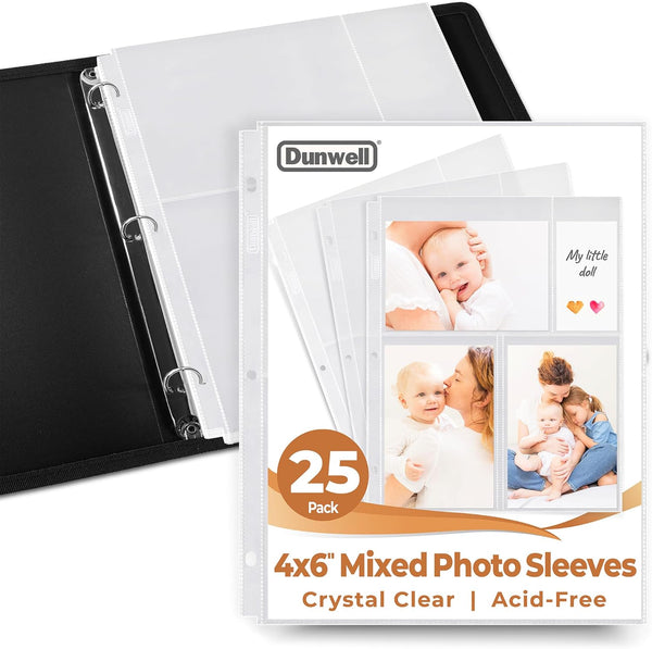 Dunwell Photo Sleeves for 3-Ring Binder, 4x6 Mixed Format, 25 Pack for 150 Pictures, Acid-Free Poly