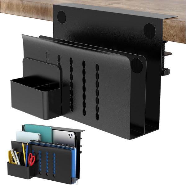 HAMOPY 2 Tier Desk Side Storage, Steel Hanging Organizer with Magnetic Pen Holder, No Drilling, Black