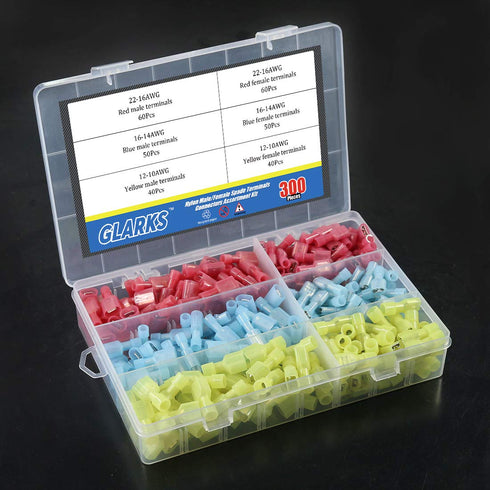 Glarks 300pcs 22-16 16-14 12-10 Gauge Nylon Fully Insulated Male/Female Spade Quick Splice Terminals Kit