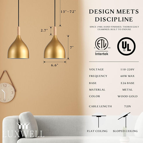 6.6"x6.6"x7" 15"-72" E26 4.7" Modern Pendant Light, Iron Hanging Fixture with Warm Oak Woodgrain, Adjustable Cord