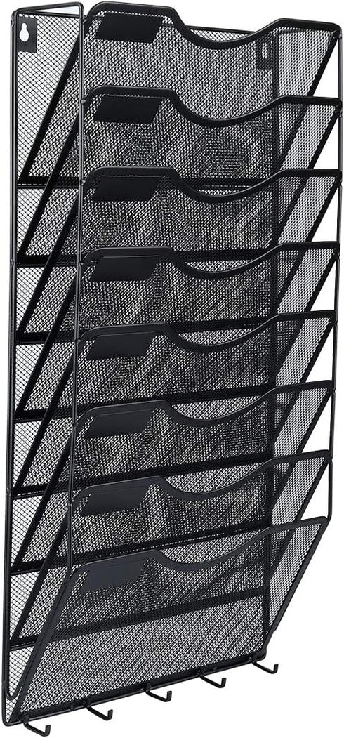 EasyPAG 8 Pocket Hanging File Organizer, Wall Mount File Holder with 5 Key Hook for Office and Classroom, Black