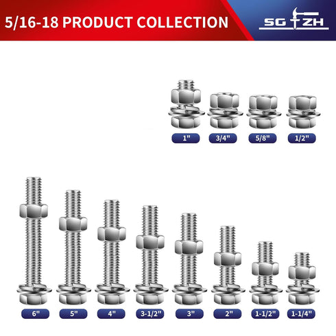 5/16-18 x 3" Hex Head Screw Bolt, Nuts, Flat & Lock Washers, 10Pcs 18-8 Stainless Steel Fully Threaded