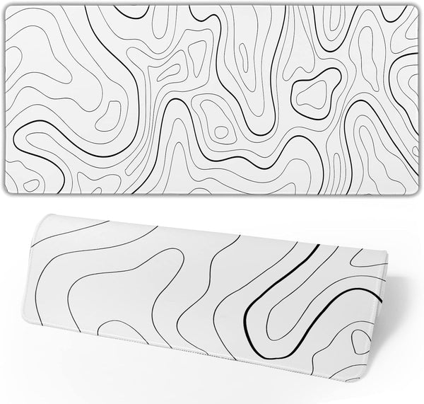 White Mouse Pad - Extended Gaming Mouse Pad for Desk 31.5 x 11.8 Inch, Black and White Topographic Design