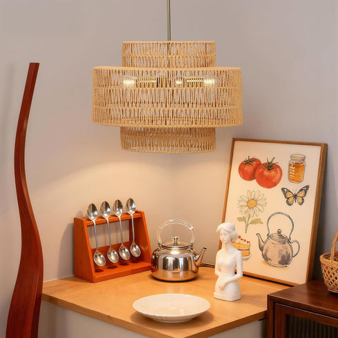 18" 3-Tier Boho Rattan Chandelier Light Shade, Hand Woven Drum Rattan Lampshade for Kitchen Island Dining Room Living