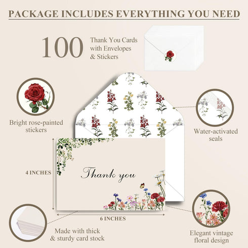 Poatel 100 Pack 4x6 Inch Thank You Cards with Envelopes, Vintage Flower Blank Notes, Elegant Floral Design, Thank You