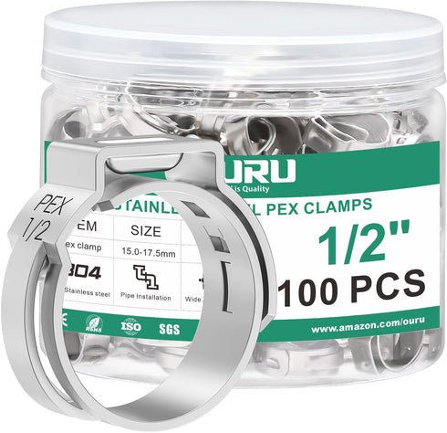 100PCS 1/2 Pex Crimp Ring, 304 Stainless Steel Single Ear Hose Clamps for Pex Fittings