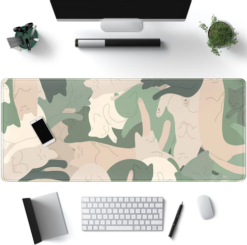 Green Simple Cat Desk Mat, Cute Long Mouse Pad for Laptop Gaming, Office Decor Accessories (31.5x11.8In)