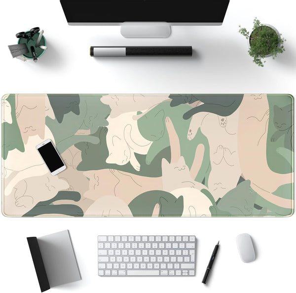 Green Simple Cat Desk Mat, Cute Long Mouse Pad for Laptop Gaming, Office Decor Accessories (31.5x11.8In)