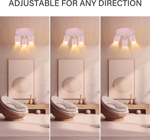 3 GU10 Bulb Light Track Lighting Fixtures Ceiling, Pink Round Directional Spotlight Fixtures, Flush Mount Ceiling