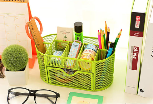 VANRA Metal Mesh Desk Supply Caddy, Desktop Office Supplies Organizer, 8 Compartments with Drawer (Green)