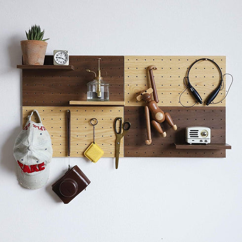 Wooden Pegboard, Sturdy Modular Grid Organizer for Walls, DIY Storage and Display Panels with Shelves and Brass Hooks