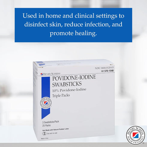 3's, Packed, 10% 25/BX Henry Schein Prep Povidone-Iodine Swabsticks Individually Sterile, Antiseptic for Skin